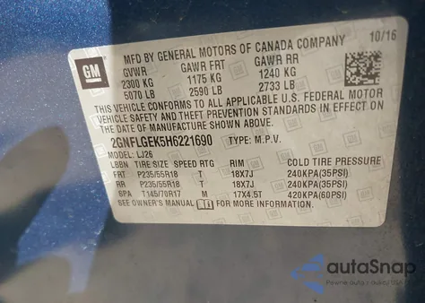 2017 Chevrolet Equinox Premier из США, поврежденный, VIN 2GNFLGEK5H6221690